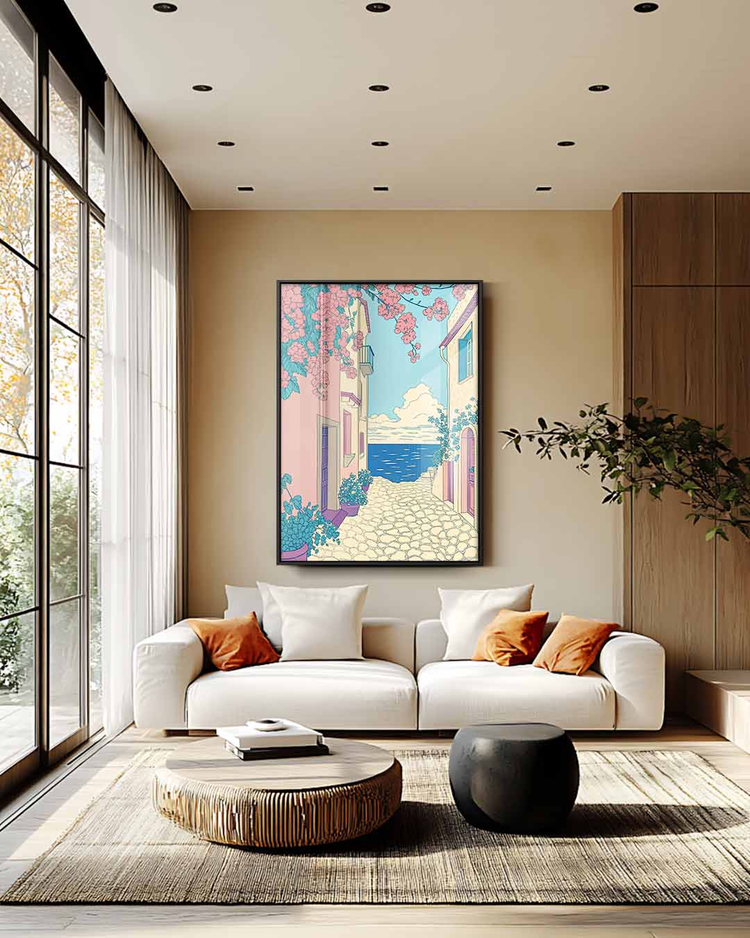 Zomerse Straat aan Zee Kunstwerk-canvas-dibond-plexiglas-wanddecoratie-WallArtistic