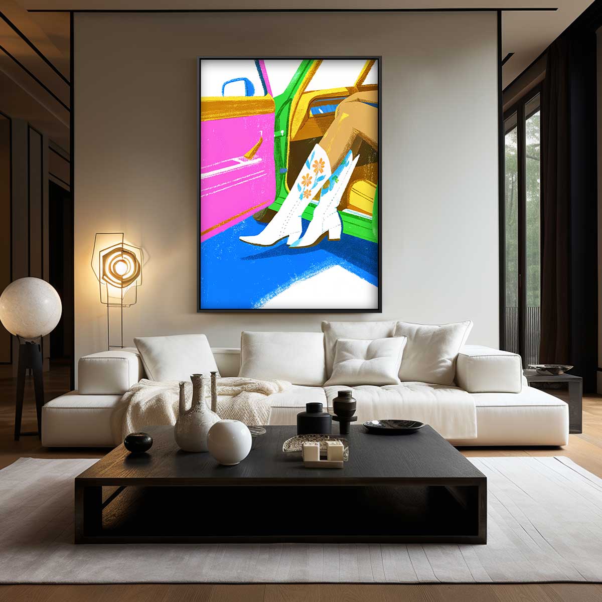 Stijlvolle Cowboylaarzen in Retro Auto Kunstwerk-canvas-dibond-plexiglas-wanddecoratie-WallArtistic