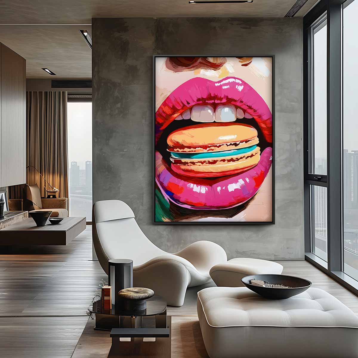 Kleurrijke Lippen en Macaron Kunstwerk-canvas-dibond-plexiglas-wanddecoratie-WallArtistic