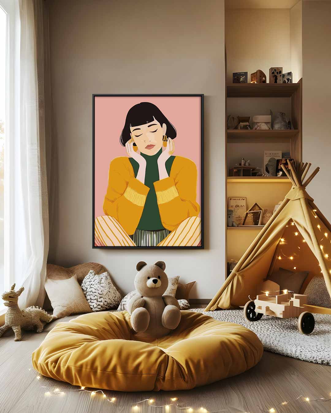 Mediterende Vrouw in Stijlvolle Armoede Kunstwerk-canvas-dibond-plexiglas-wanddecoratie-WallArtistic