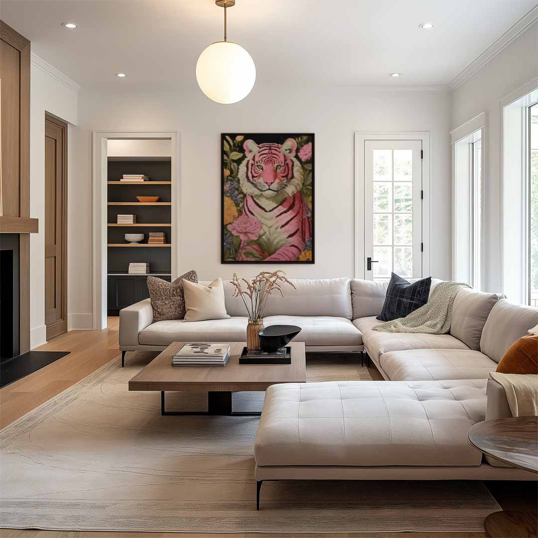 Roze Tijger in Bloemenzee Kunstwerk-canvas-dibond-plexiglas-wanddecoratie-WallArtistic