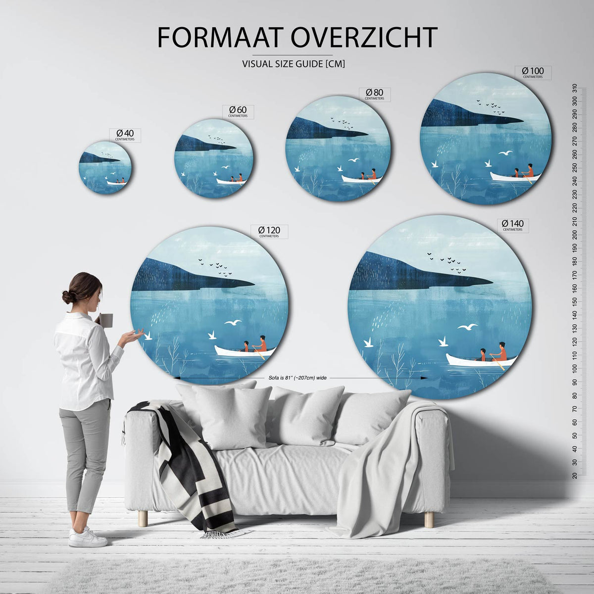 Roeiboot en vogels Muurcirkel – extra productweergave – Een roeiboot met twee personen op een blauwe zee met vogels in de