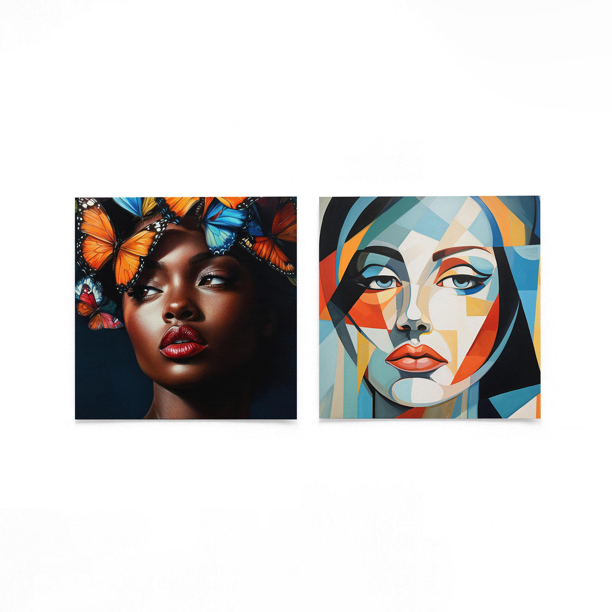 Twee vierkante posters met portretten met vlinders op een gebroken witte achtergrond