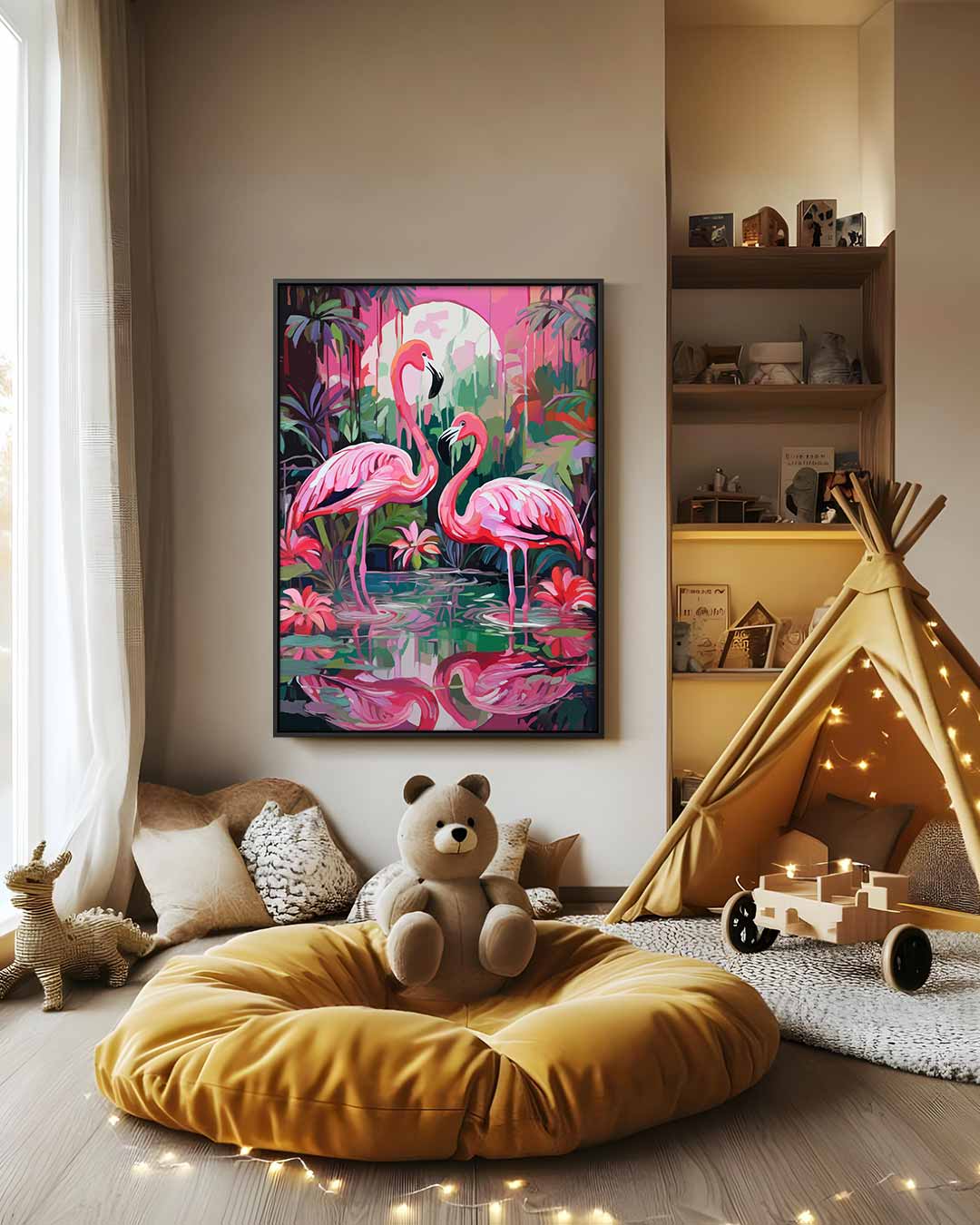 Tropische Flamingo's bij Zonsondergang Kunstwerk-canvas-dibond-plexiglas-wanddecoratie-WallArtistic