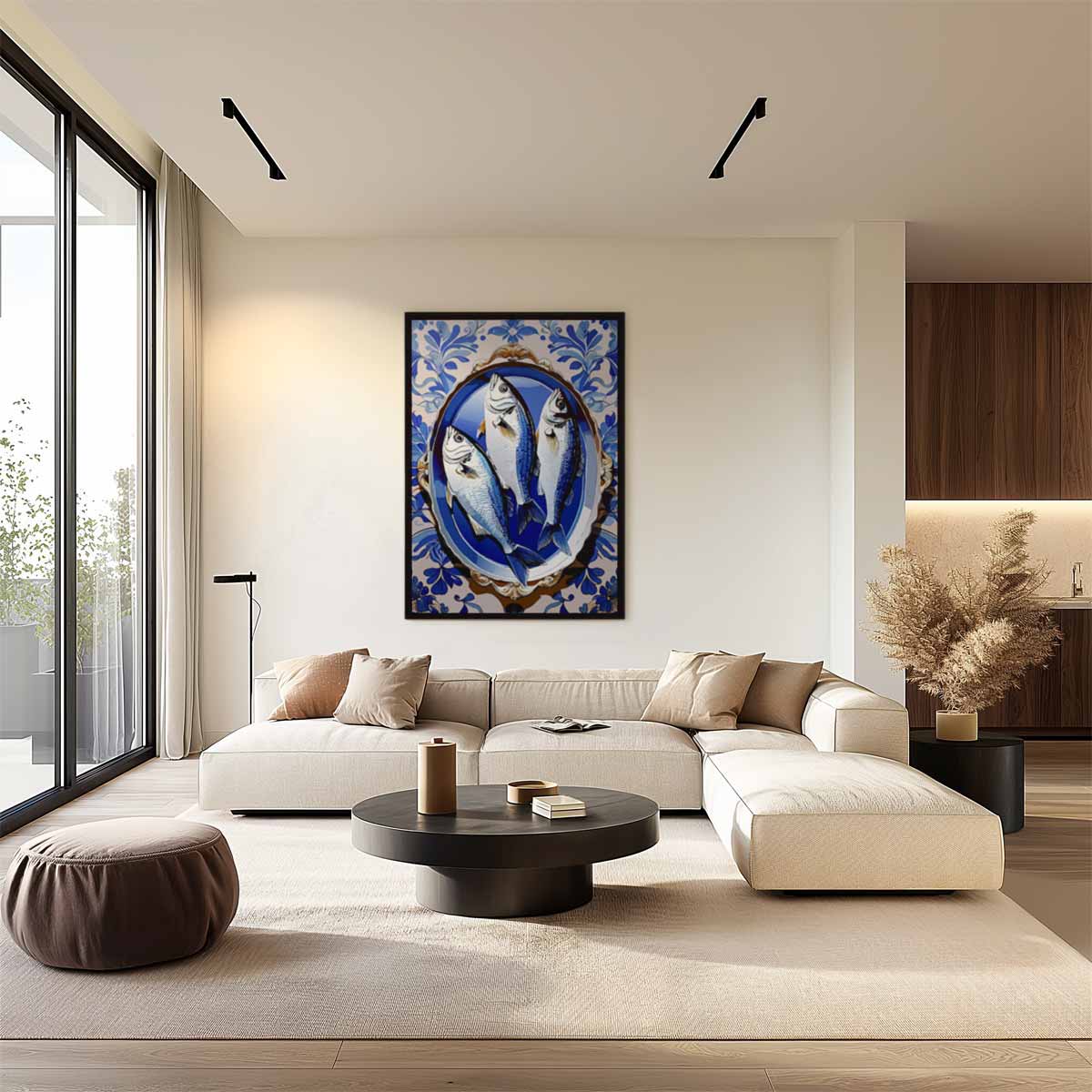 Vissen op Blauw Keramiek Kunstwerk-canvas-dibond-plexiglas-wanddecoratie-WallArtistic