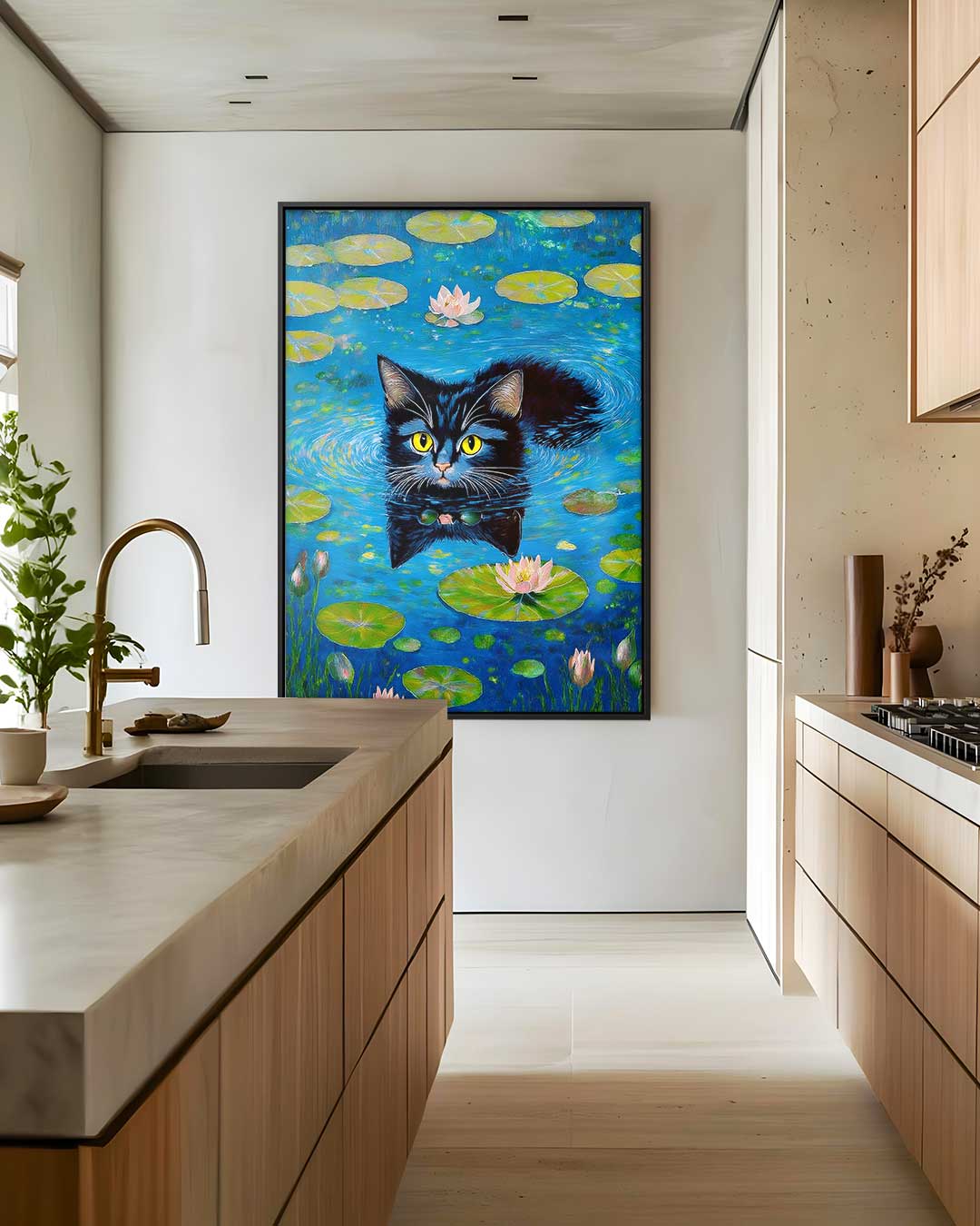 Zwemmende Kat Tussen Waterlelies Kunstwerk-canvas-dibond-plexiglas-wanddecoratie-WallArtistic