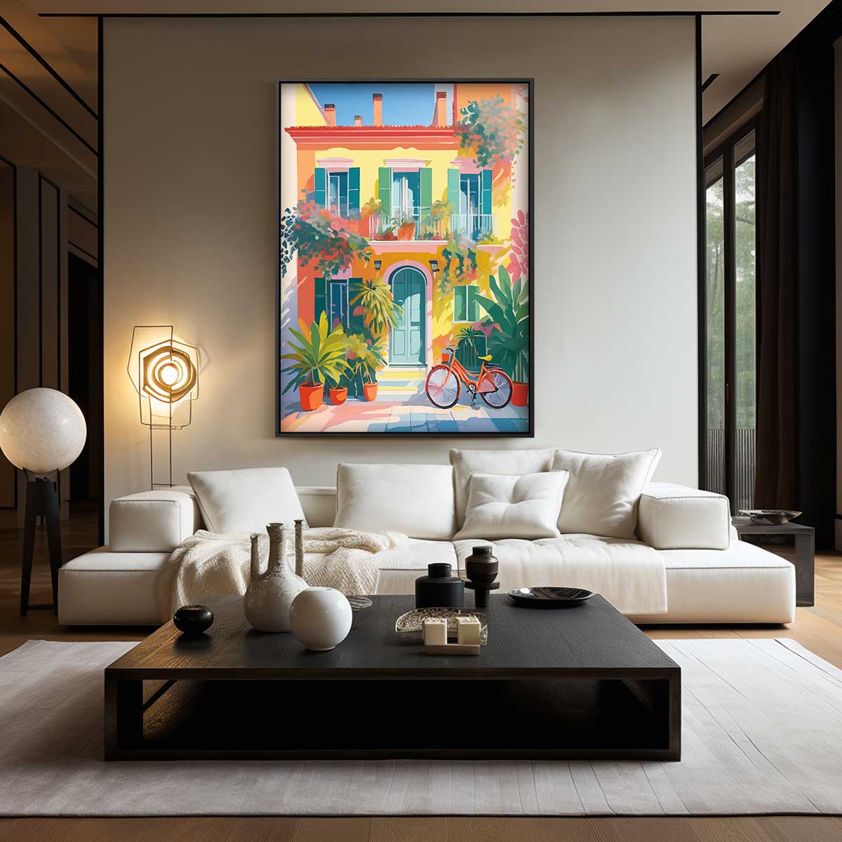 Zomerse gevel met fiets Kunstwerk-canvas-dibond-plexiglas-wanddecoratie-WallArtistic