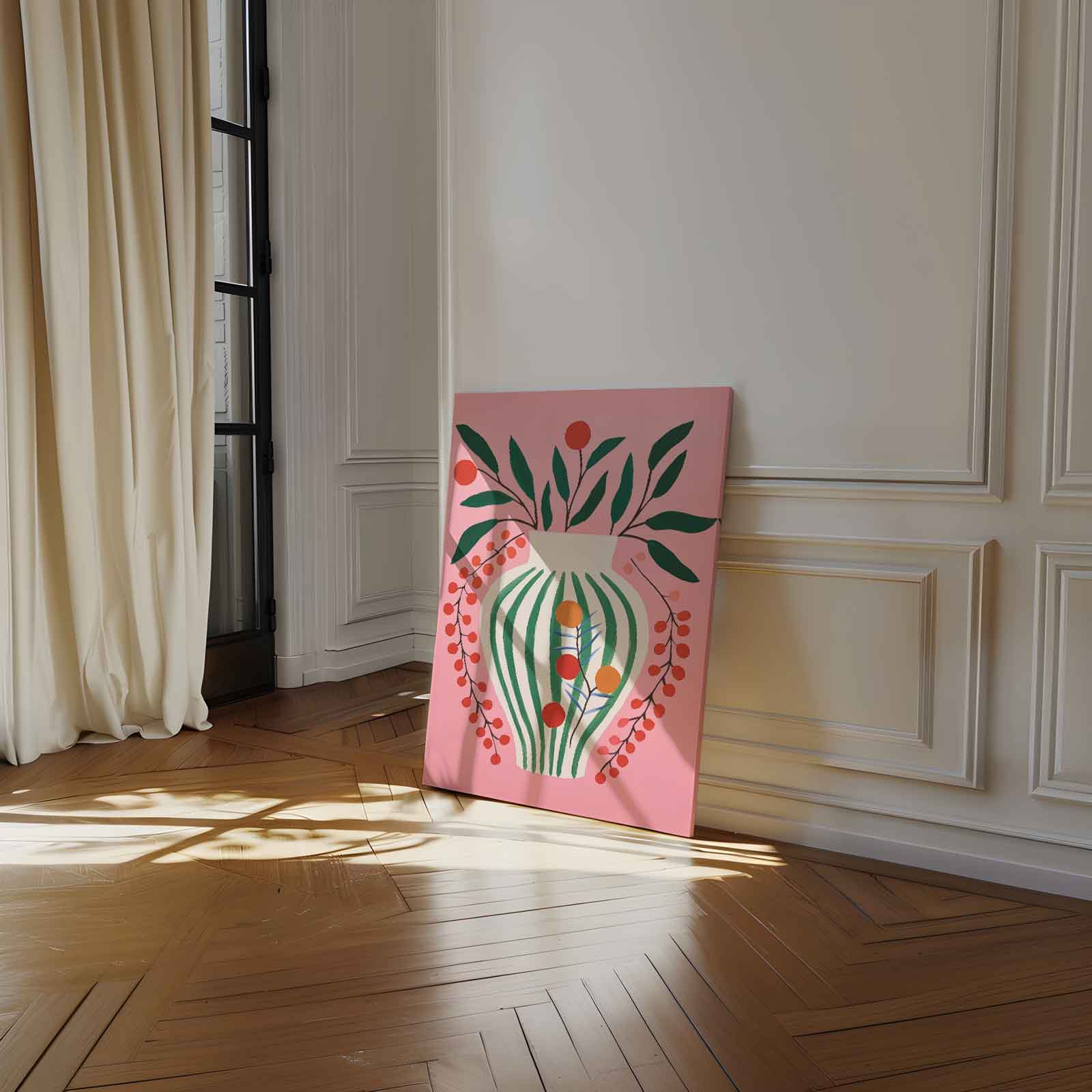 Vrolijke Vaas op Roze Achtergrond Kunstwerk-canvas-dibond-plexiglas-wanddecoratie-WallArtistic