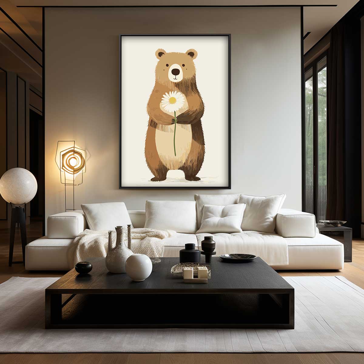 Vrolijke Beer met Bloem Kunstwerk-canvas-dibond-plexiglas-wanddecoratie-WallArtistic