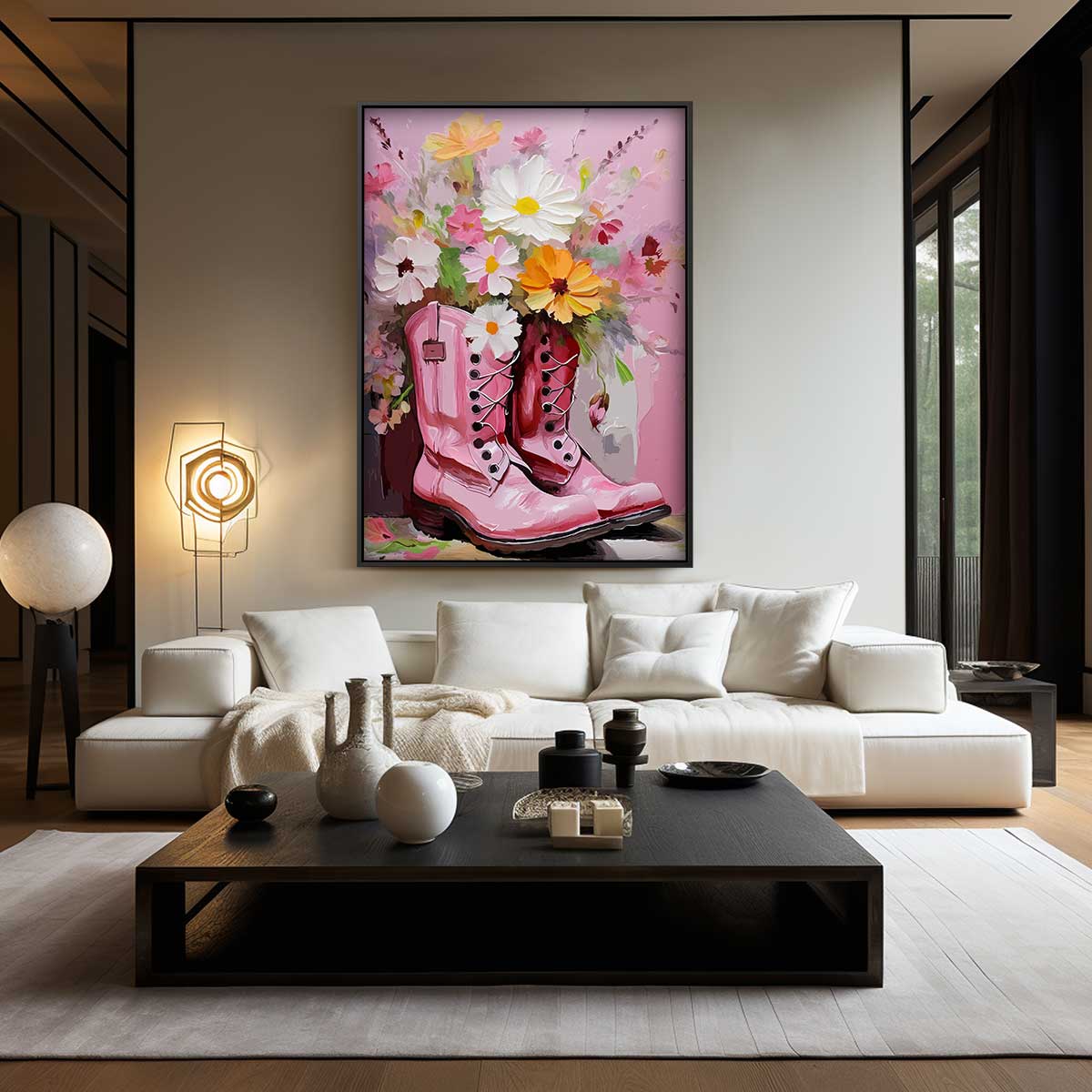 Bloemrijke Laarzen in Roze Tint Kunstwerk-canvas-dibond-plexiglas-wanddecoratie-WallArtistic