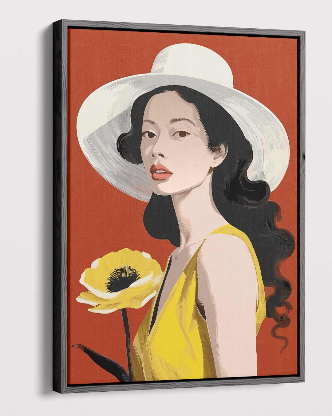 Vrouw en Bloem in Zomerhoed Kunstwerk-canvas-dibond-plexiglas-wanddecoratie-WallArtistic