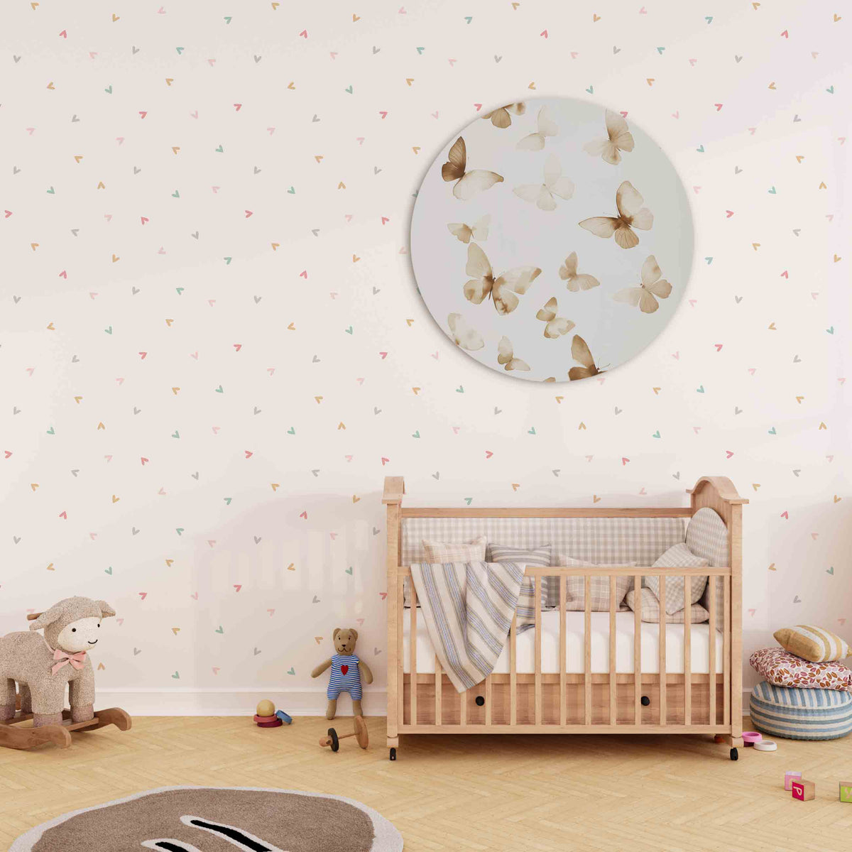 Vlinders in beige Muurcirkel – derde productweergave – De muurcirkel toont delicate vlinders in zachte beige tinten.