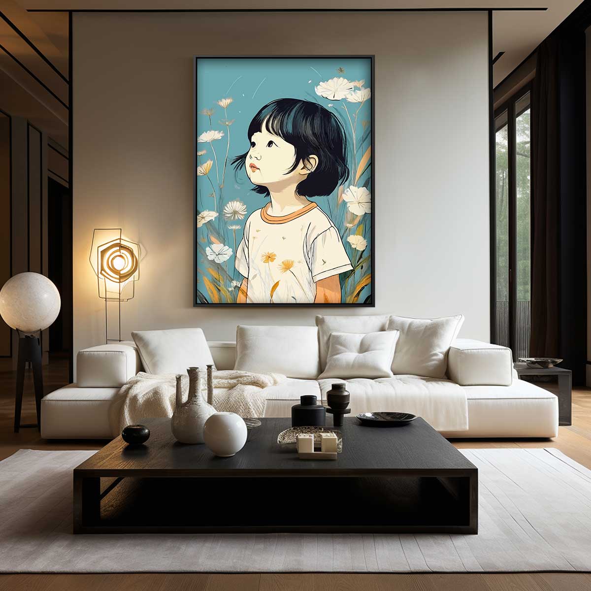 Dromerig Kind in Bloementuin Kunstwerk-canvas-dibond-plexiglas-wanddecoratie-WallArtistic