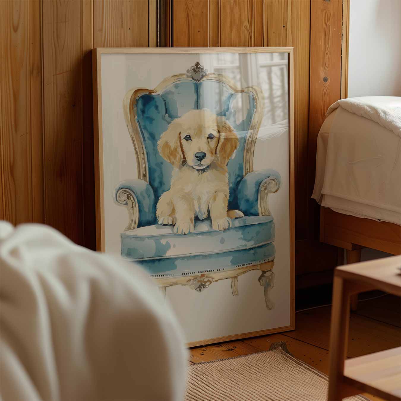 Puppy op Blauwe Troon Poster