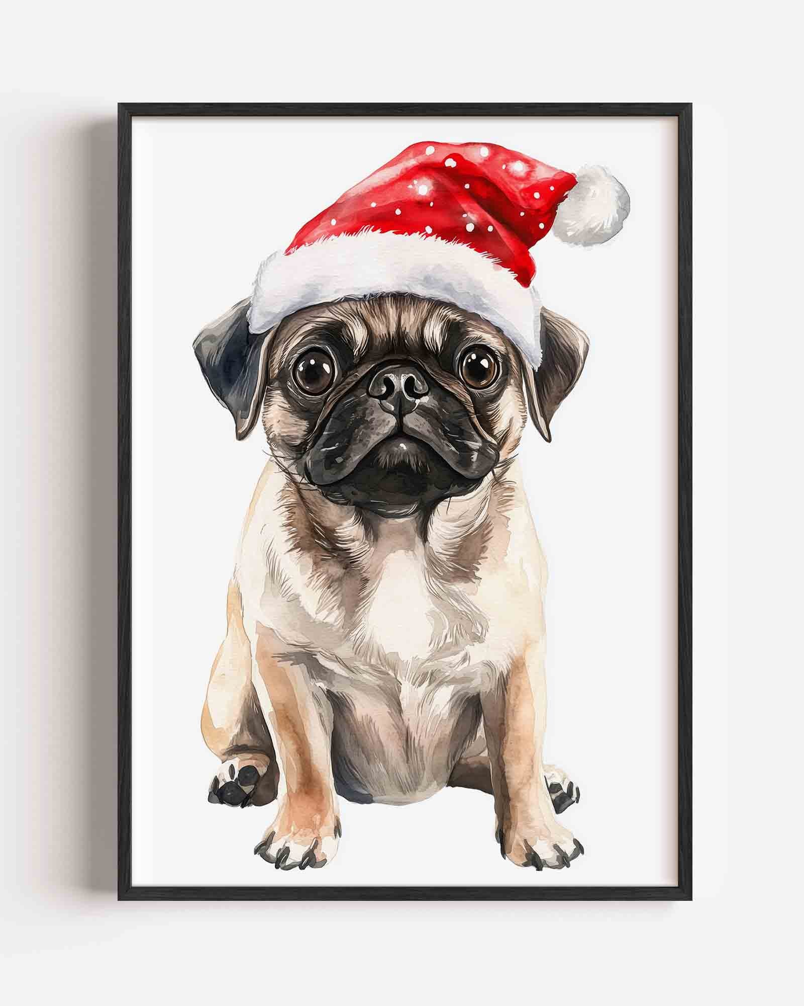 Mopshond met kerstmuts Poster