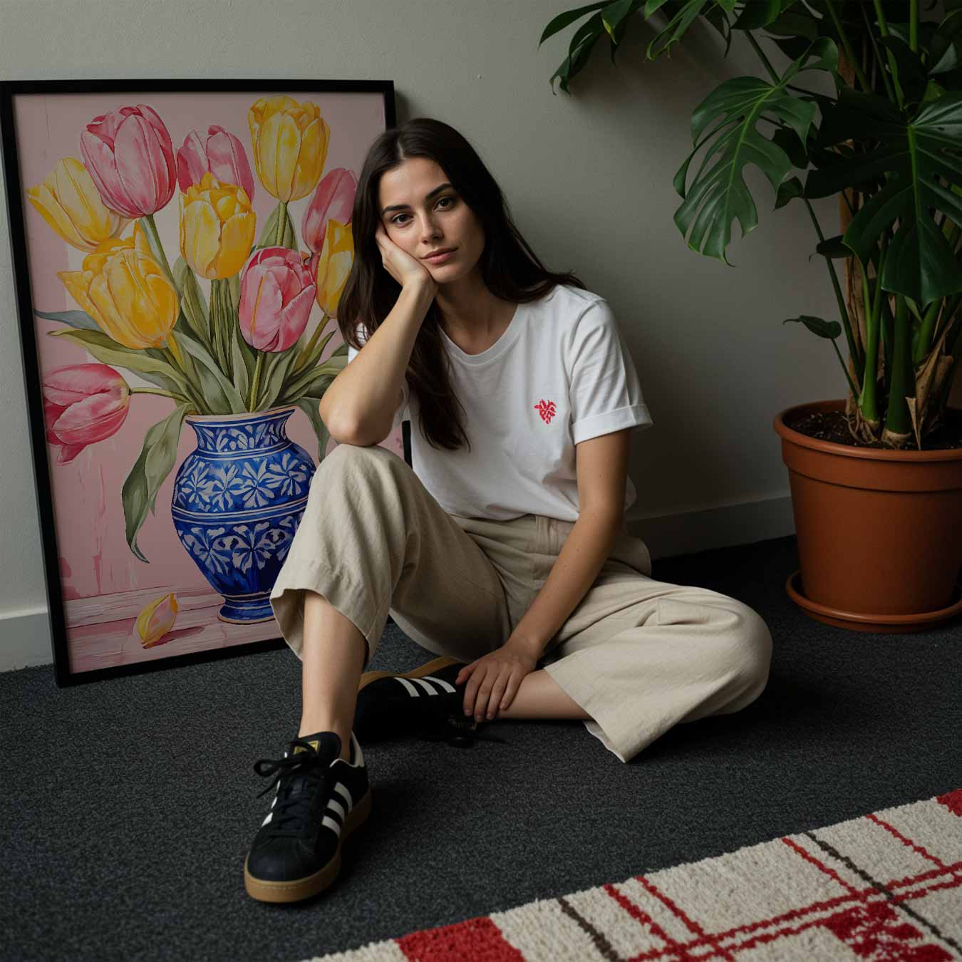 Bloeiende Tulpen in Blauwe Vaas Poster