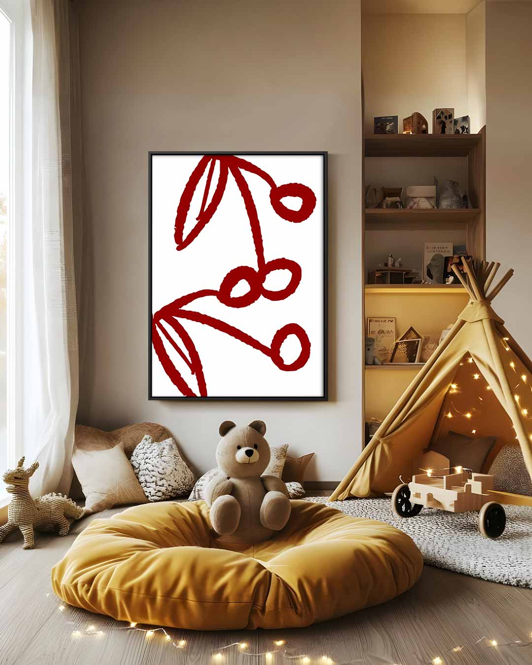 Speelse Kersenlijntekening Kunstwerk-canvas-dibond-plexiglas-wanddecoratie-WallArtistic