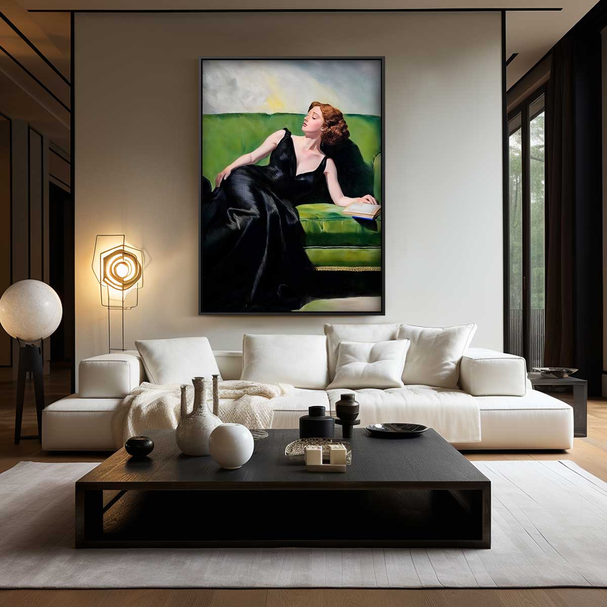 Vrouw Op Groene Bank Kunstwerk-canvas-dibond-plexiglas-wanddecoratie-WallArtistic