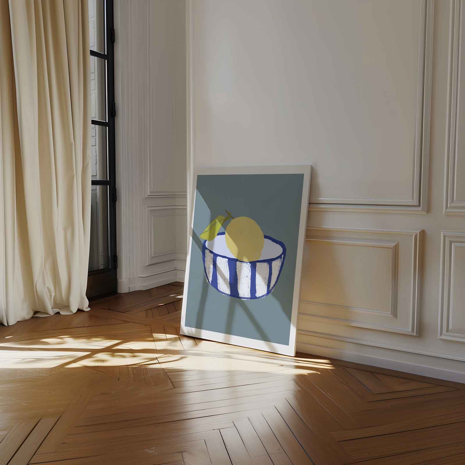 Citroen in Blauwe Kom Kunstwerk-canvas-dibond-plexiglas-wanddecoratie-WallArtistic