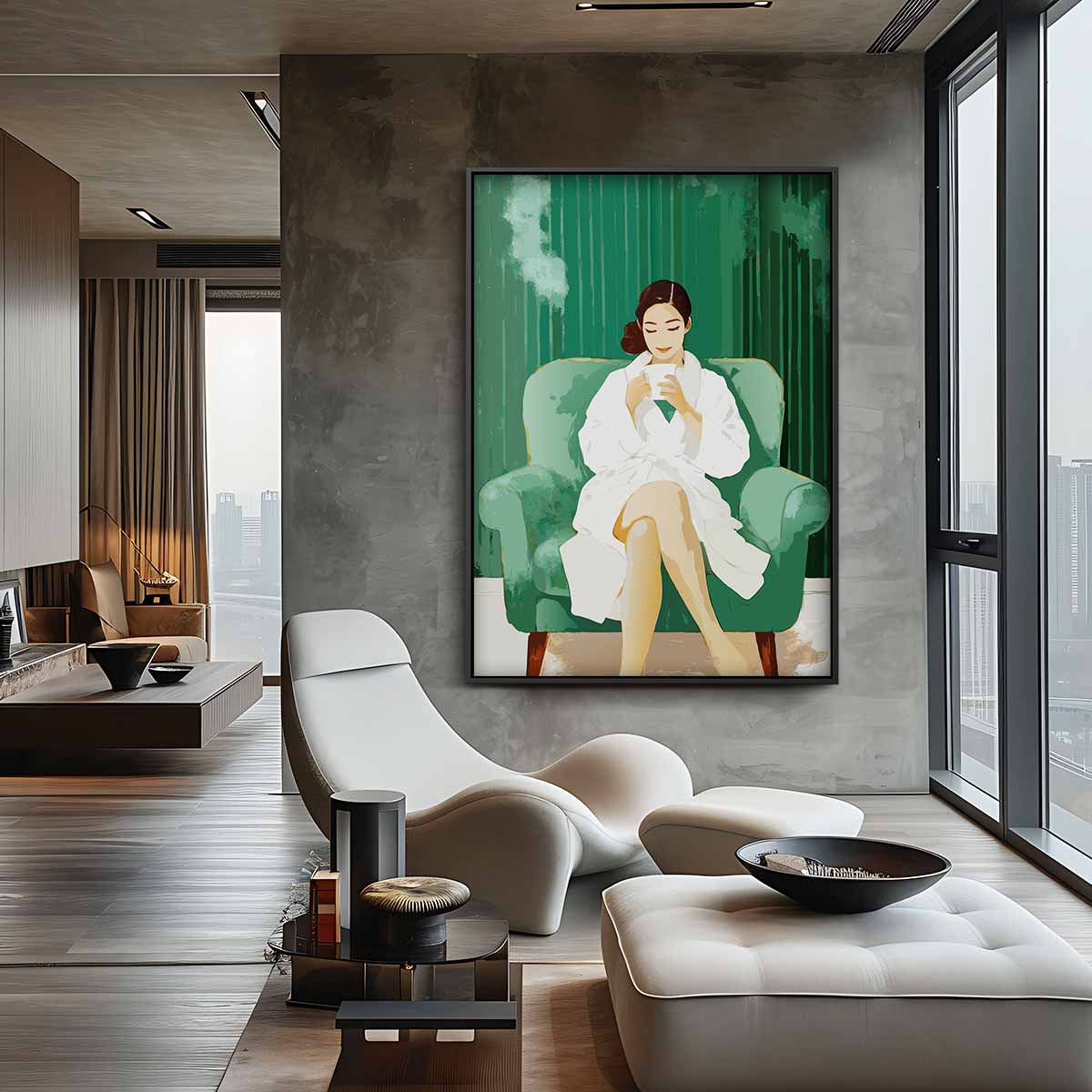 Ontspannen Moment Vrouw Met Koffiekop Kunstwerk-canvas-dibond-plexiglas-wanddecoratie-WallArtistic