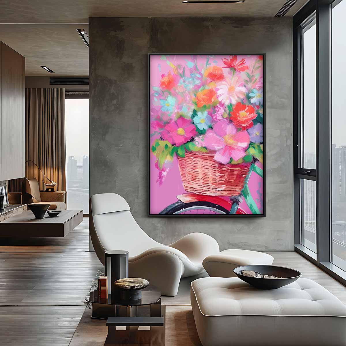 Bloemen in Fietsmand Kunstwerk-canvas-dibond-plexiglas-wanddecoratie-WallArtistic