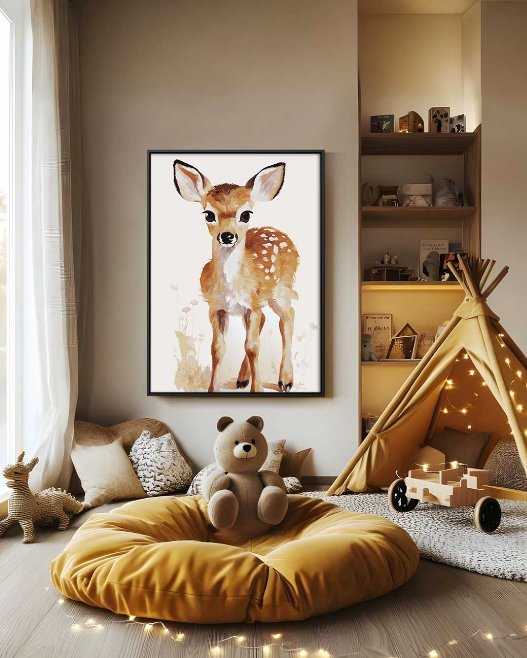Schattig Hertenkalf in Bloemenweide Kunstwerk-canvas-dibond-plexiglas-wanddecoratie-WallArtistic
