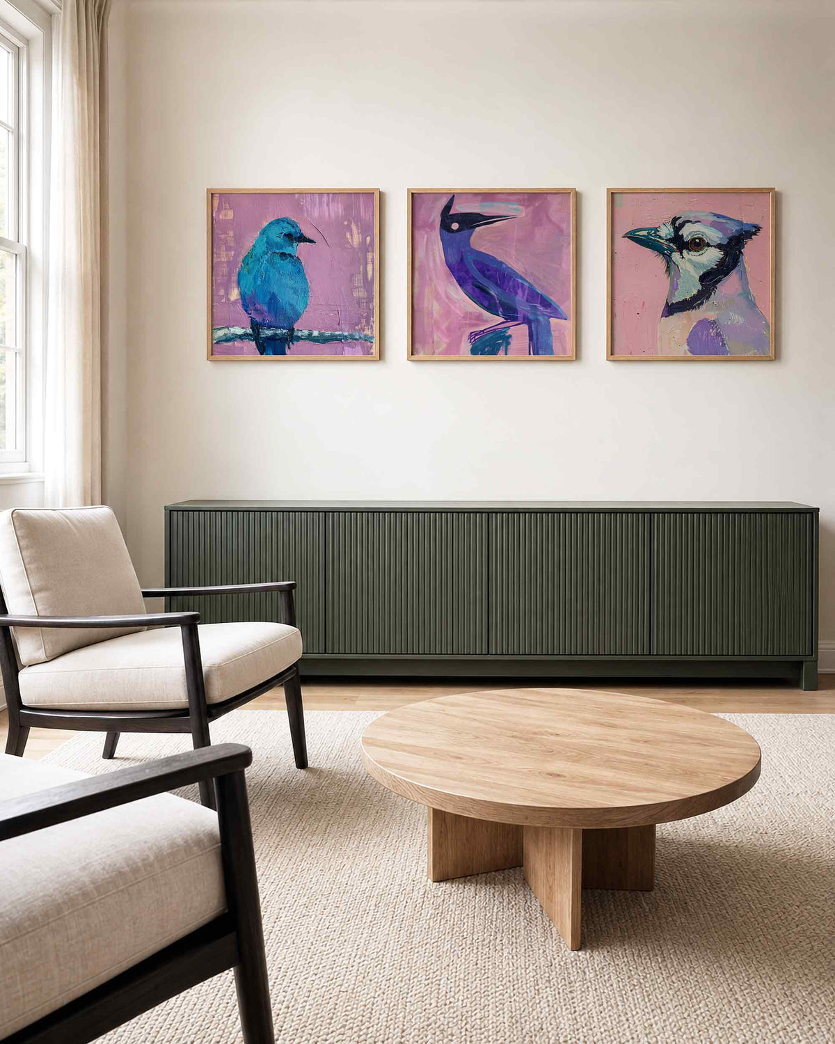 Interieurpresentatie van een driedelige vierkante posterset met kleurrijke vogels