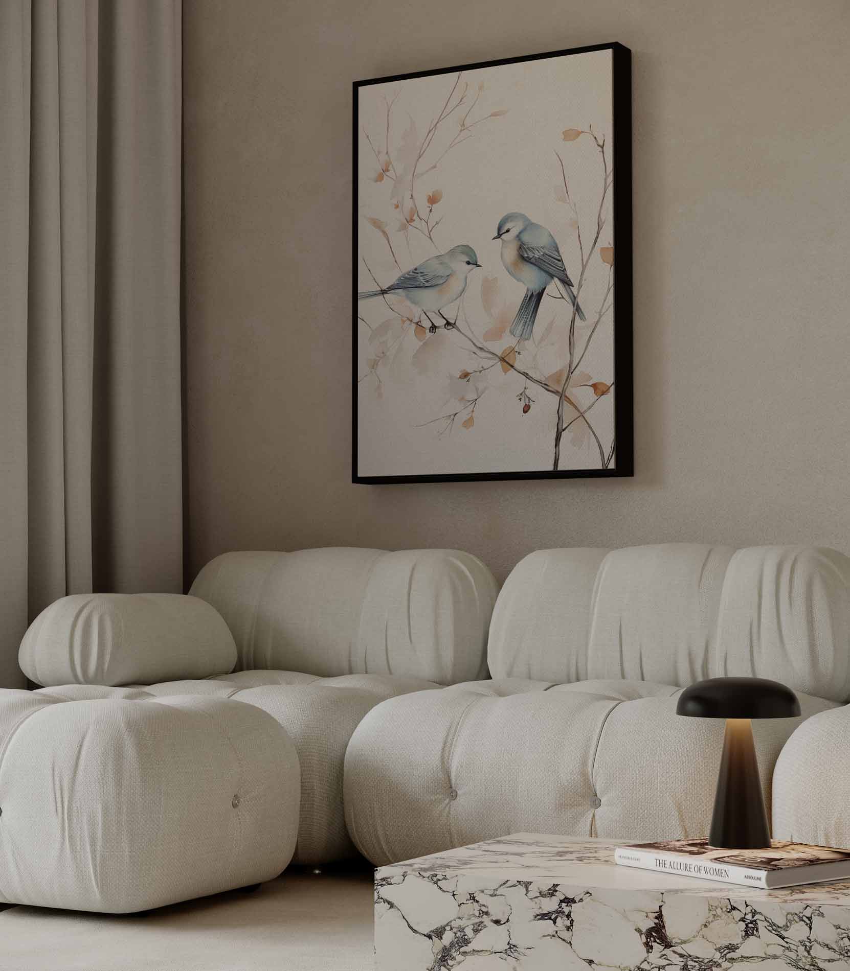 Vrolijke Vogels op Tak Kunstwerk-canvas-dibond-plexiglas-wanddecoratie-WallArtistic