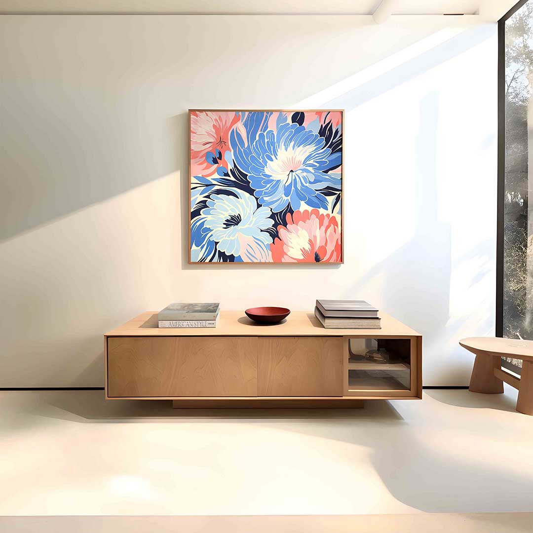 Bloemen in blauw en roze Poster