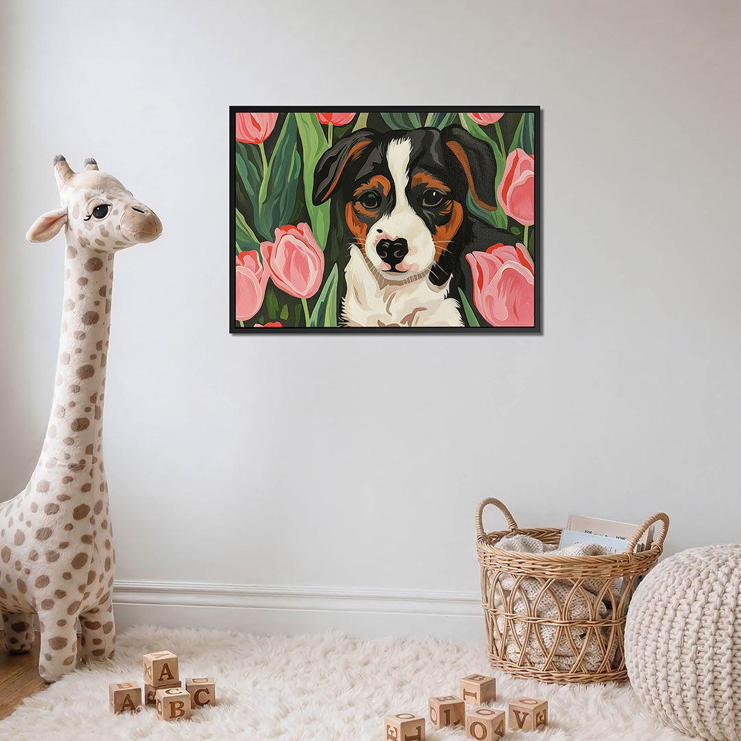 Hond met tulpen Kunstwerk