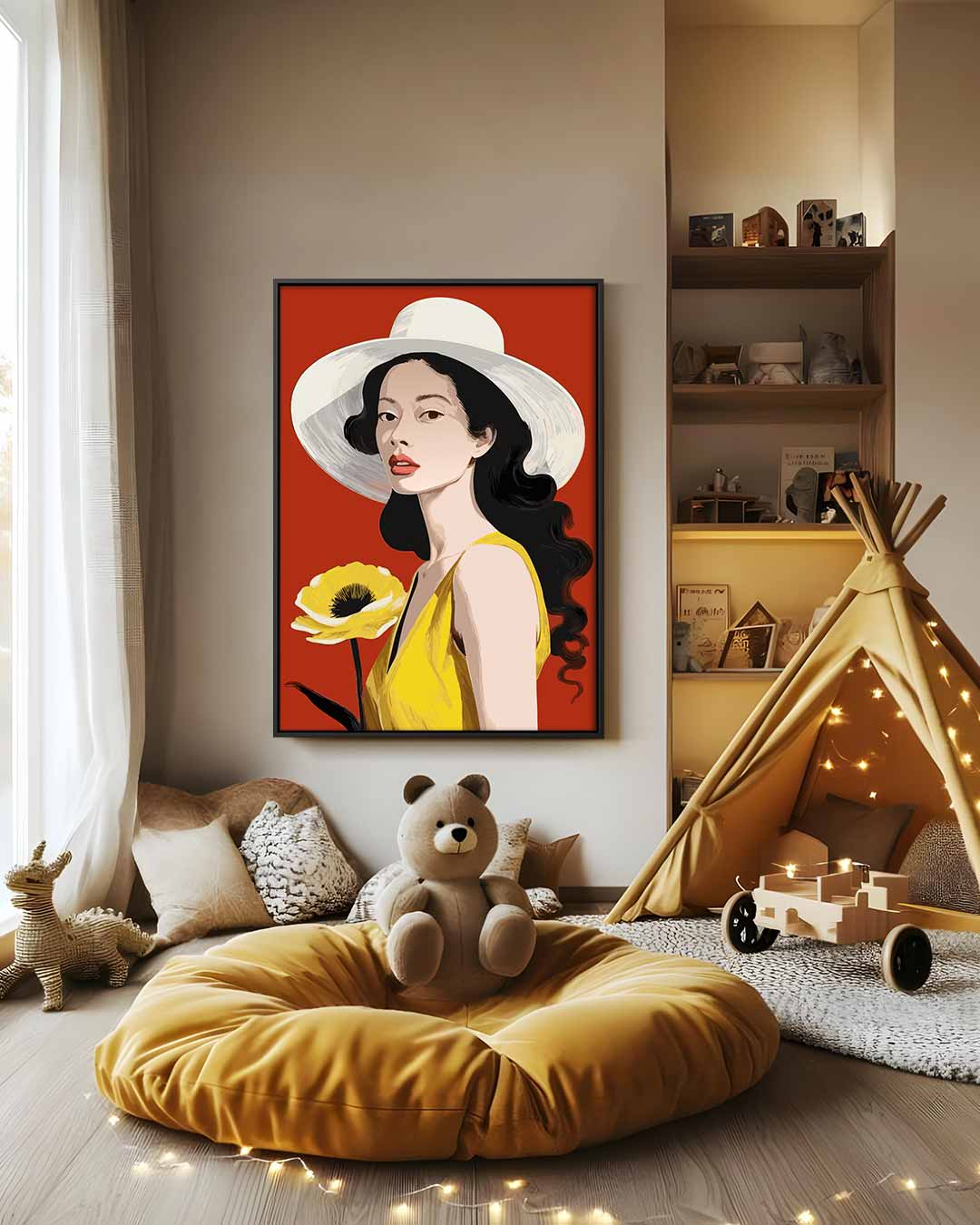 Vrouw en Bloem in Zomerhoed Kunstwerk-canvas-dibond-plexiglas-wanddecoratie-WallArtistic