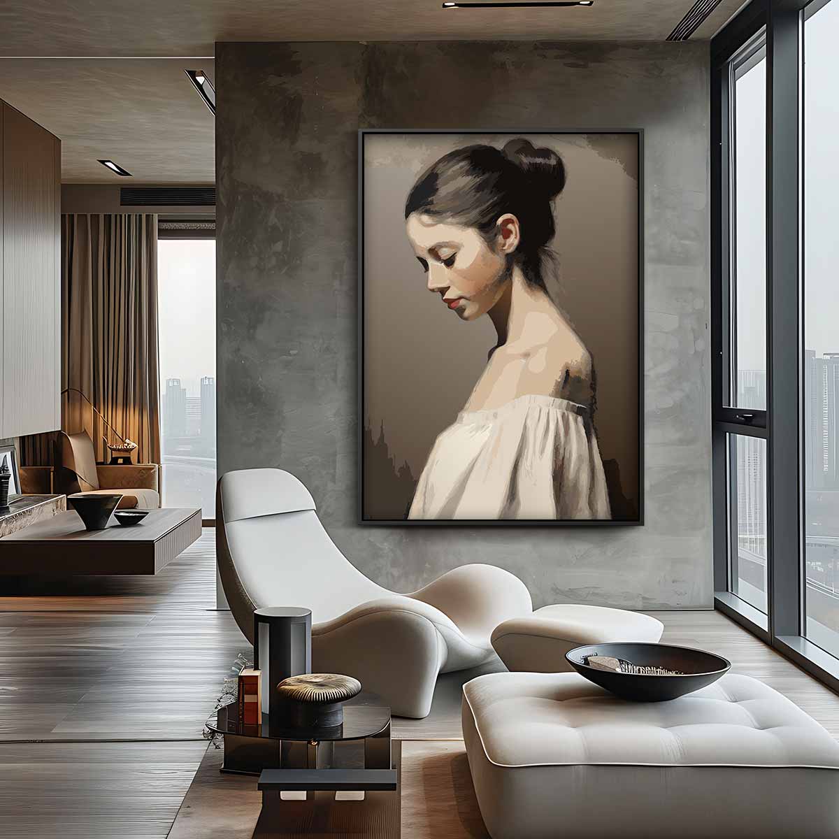 Dromerige Schoonheid in Profiel Kunstwerk-canvas-dibond-plexiglas-wanddecoratie-WallArtistic