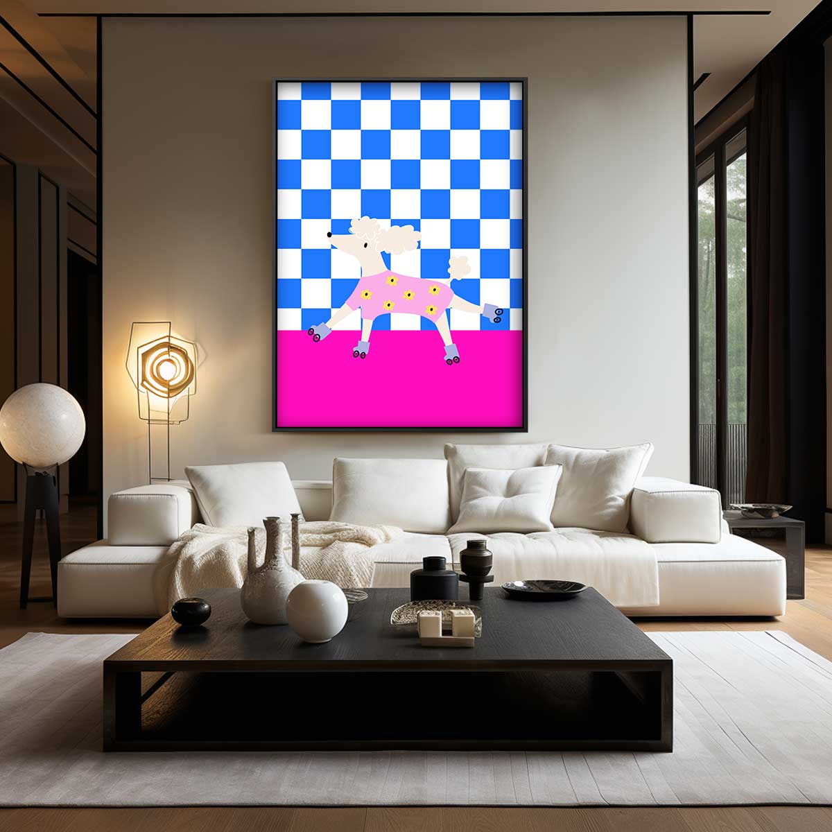 Rollerschaatsende Poedel Kunstwerk-canvas-dibond-plexiglas-wanddecoratie-WallArtistic