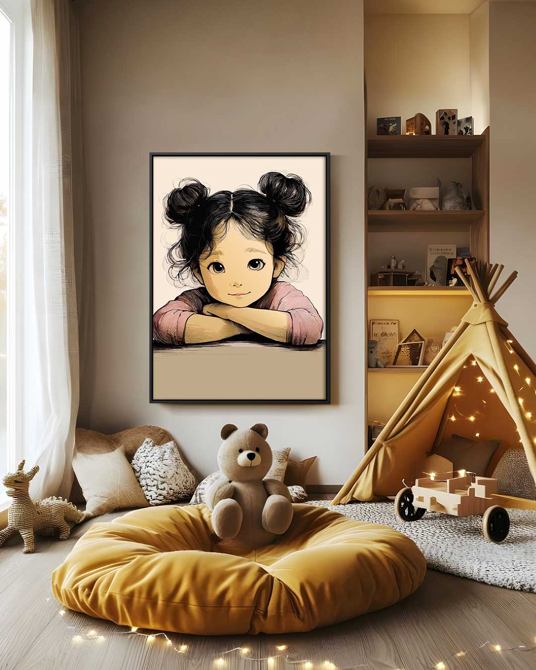 Schattige Kinderportret Illustratie Kunstwerk-canvas-dibond-plexiglas-wanddecoratie-WallArtistic