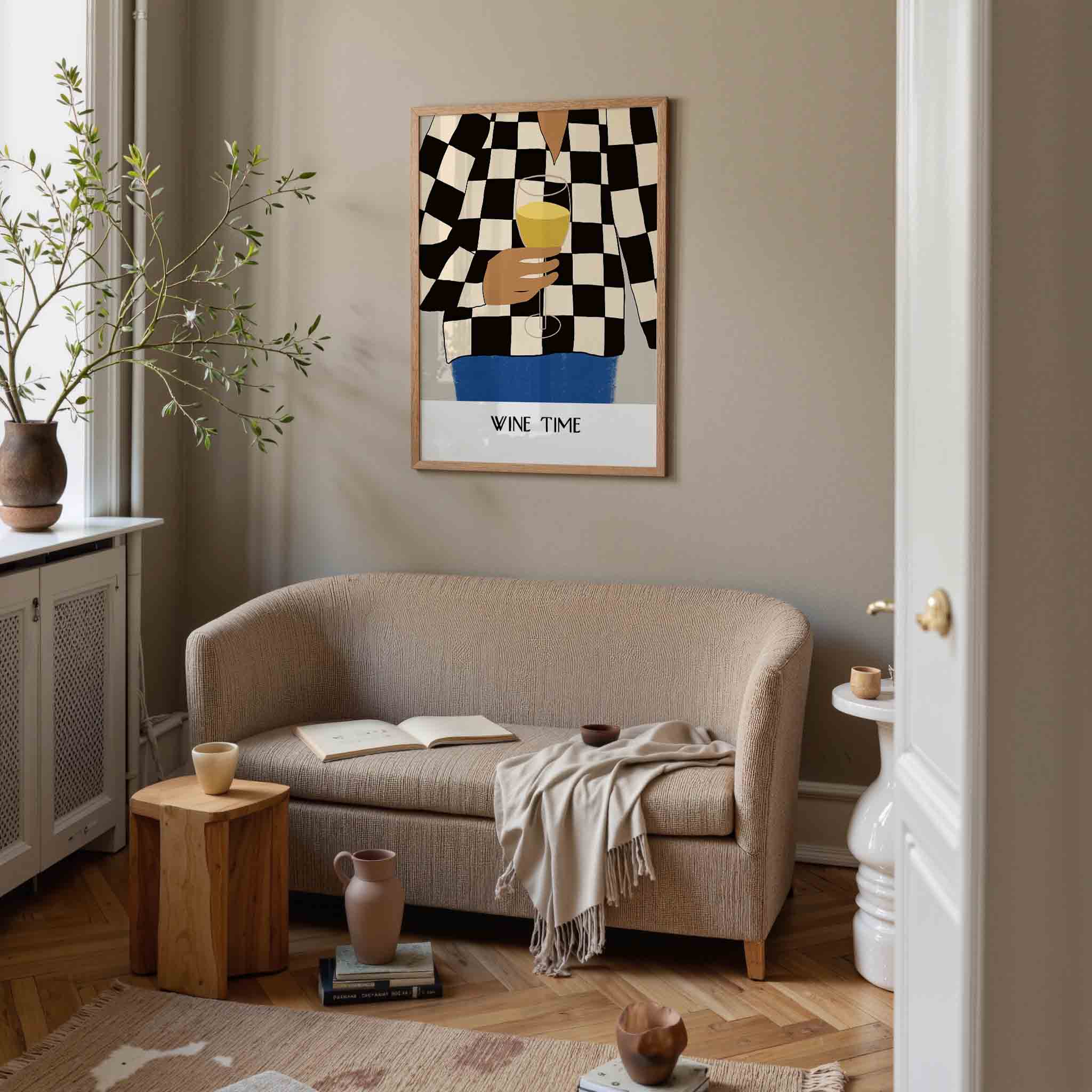 Wijn glas en geruit patroon Poster