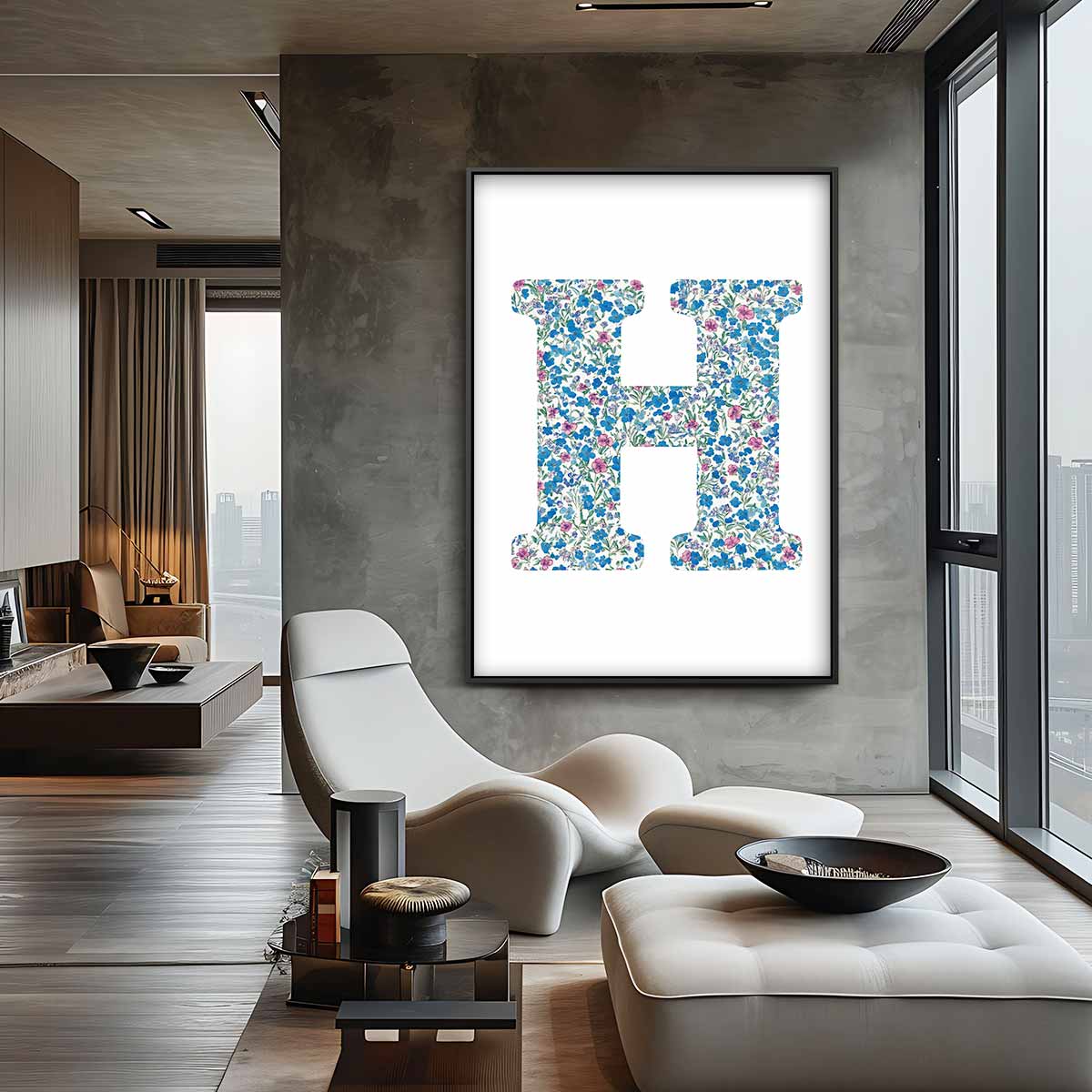 Bloemrijke Letter H Kunstwerk-canvas-dibond-plexiglas-wanddecoratie-WallArtistic