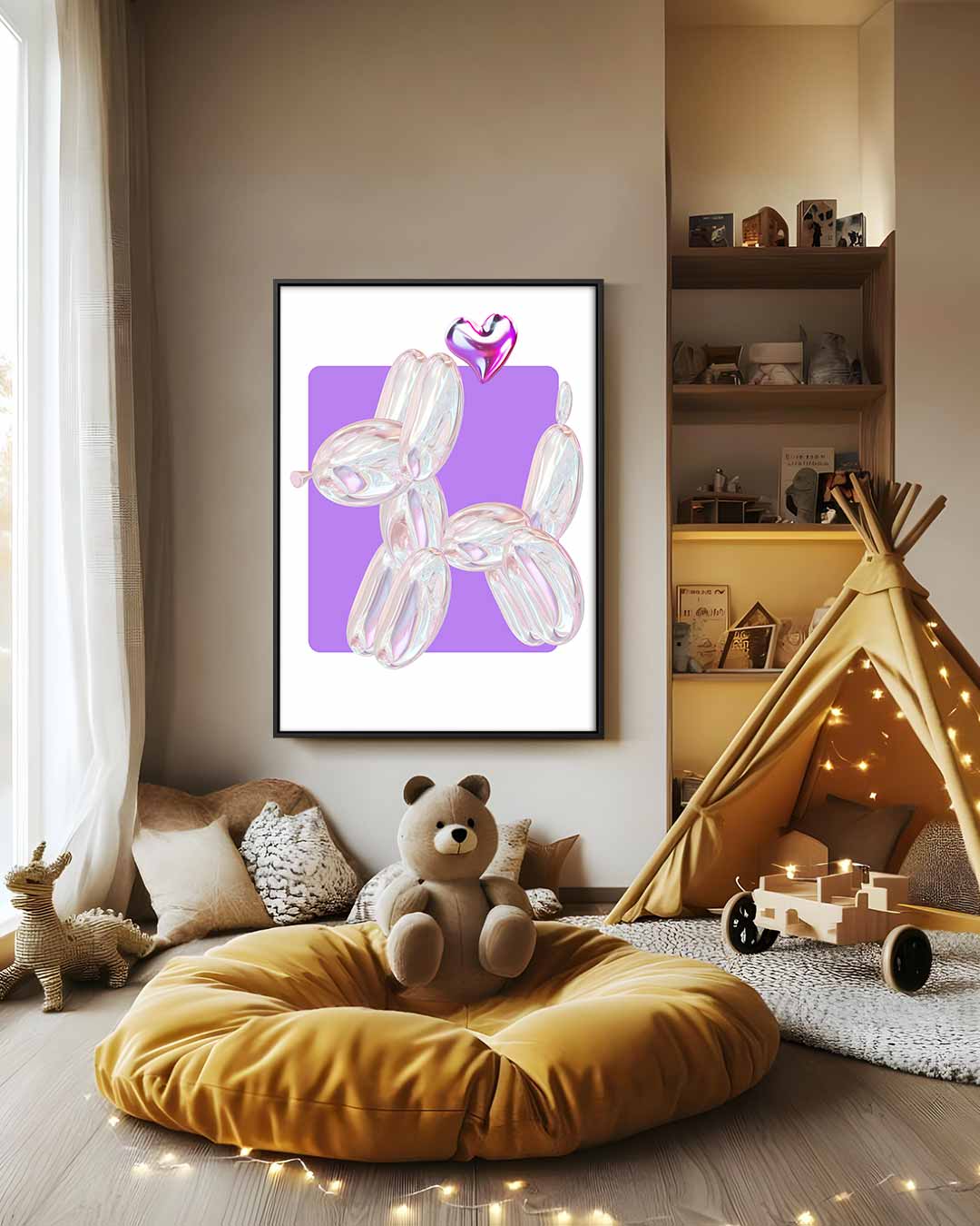 Speelse Ballonhond met Hartje Kunstwerk-canvas-dibond-plexiglas-wanddecoratie-WallArtistic
