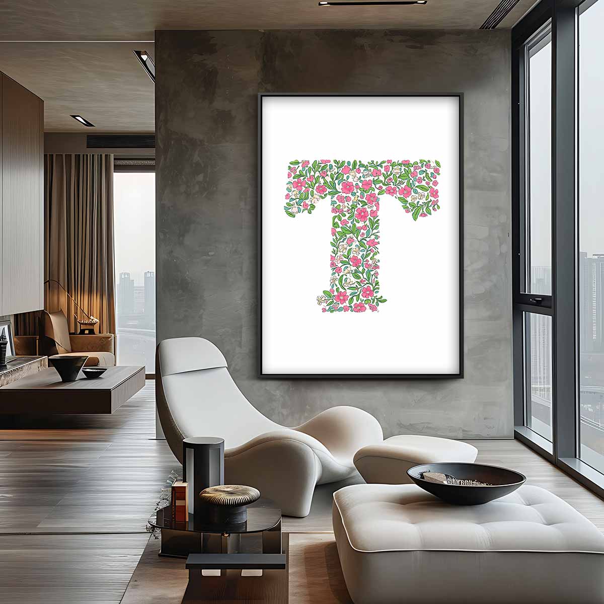 Bloemeninitiaal T Kunstwerk-canvas-dibond-plexiglas-wanddecoratie-WallArtistic