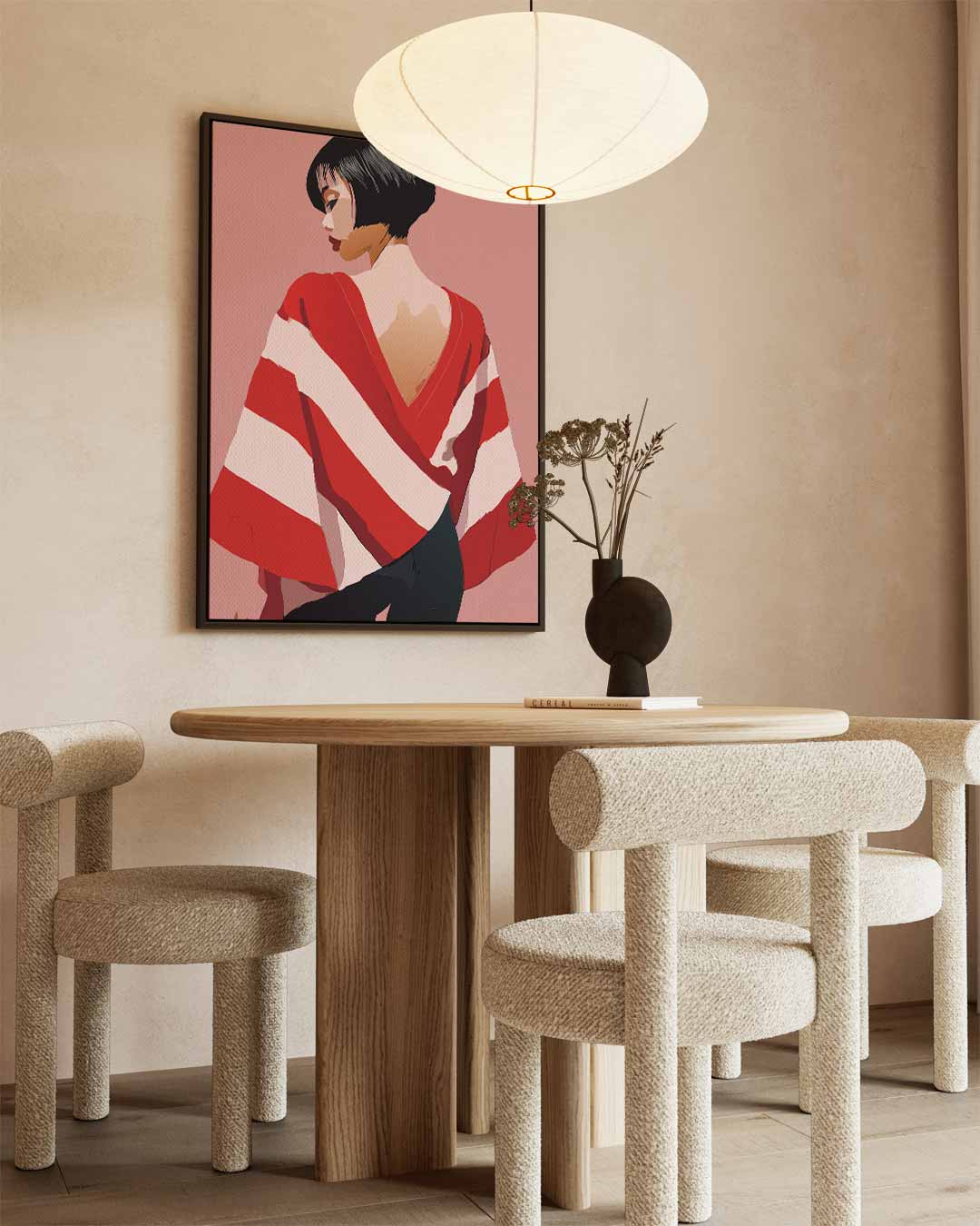 Vrouw met Rode en Witte Streep Cape Kunstwerk-canvas-dibond-plexiglas-wanddecoratie-WallArtistic