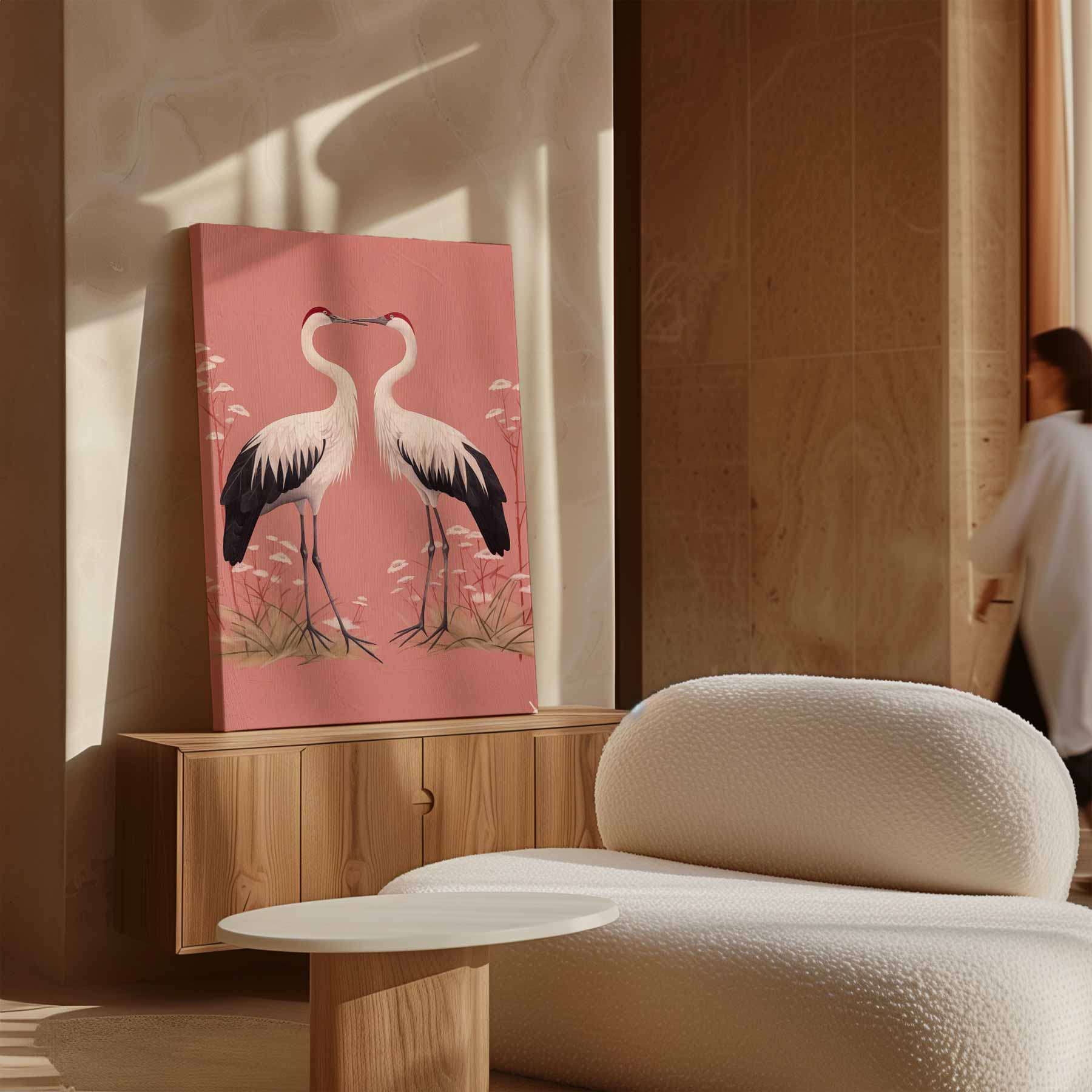 Romantische Kraanvogels op Rosa Achtergrond Kunstwerk-canvas-dibond-plexiglas-wanddecoratie-WallArtistic