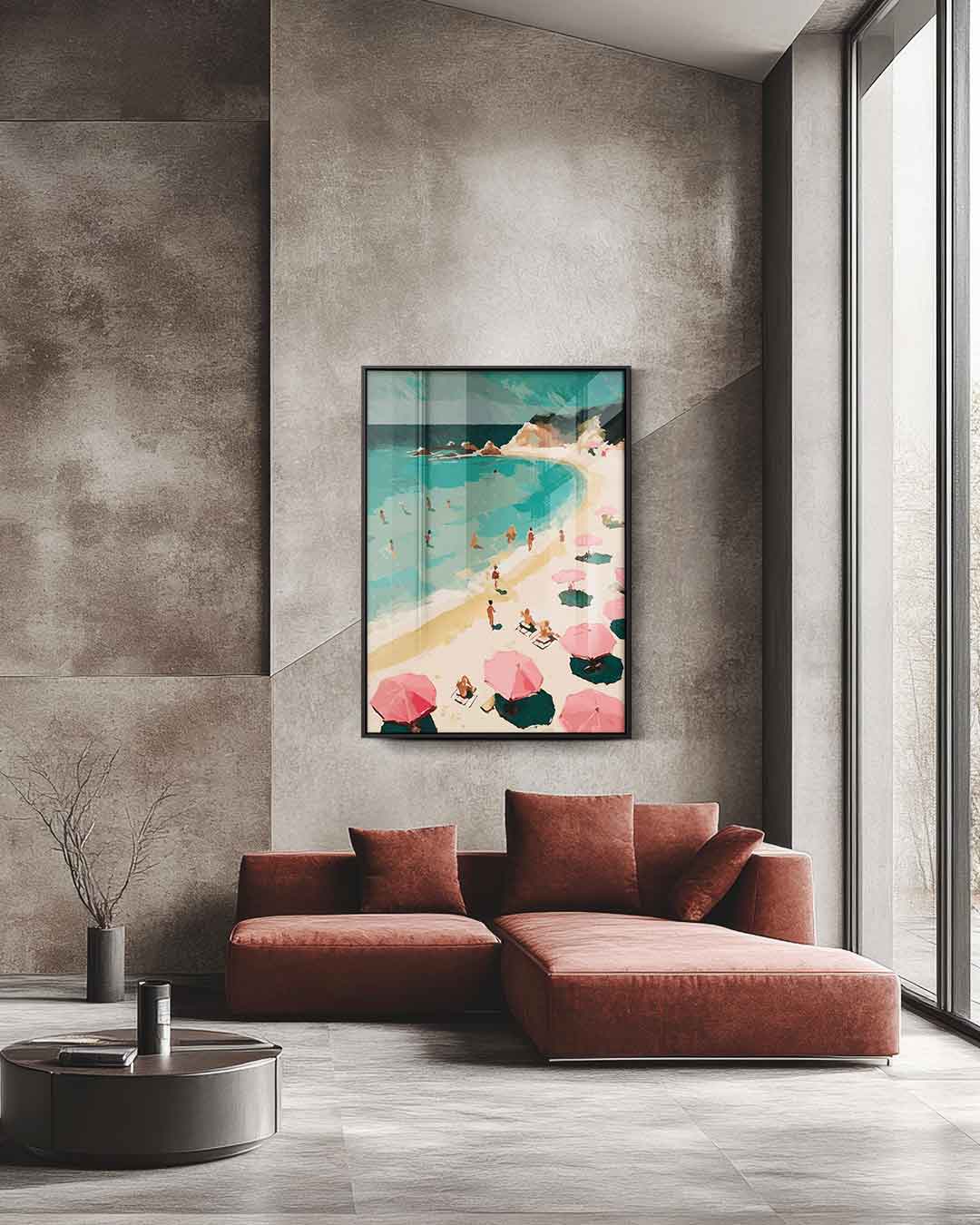 Stranddag met Roze Paraplu's Kunstwerk-canvas-dibond-plexiglas-wanddecoratie-WallArtistic