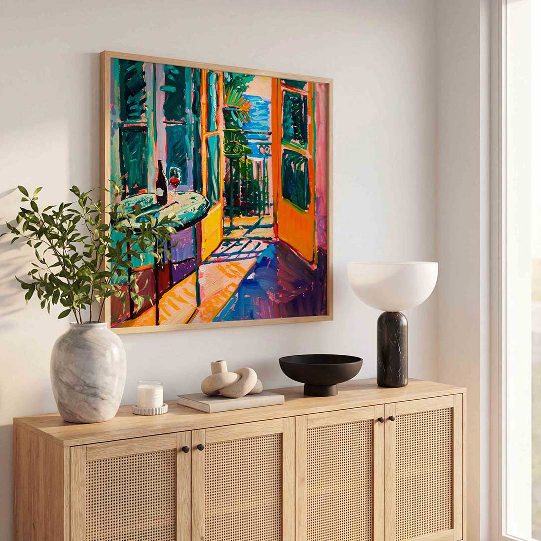 Open deuren en tafel Poster