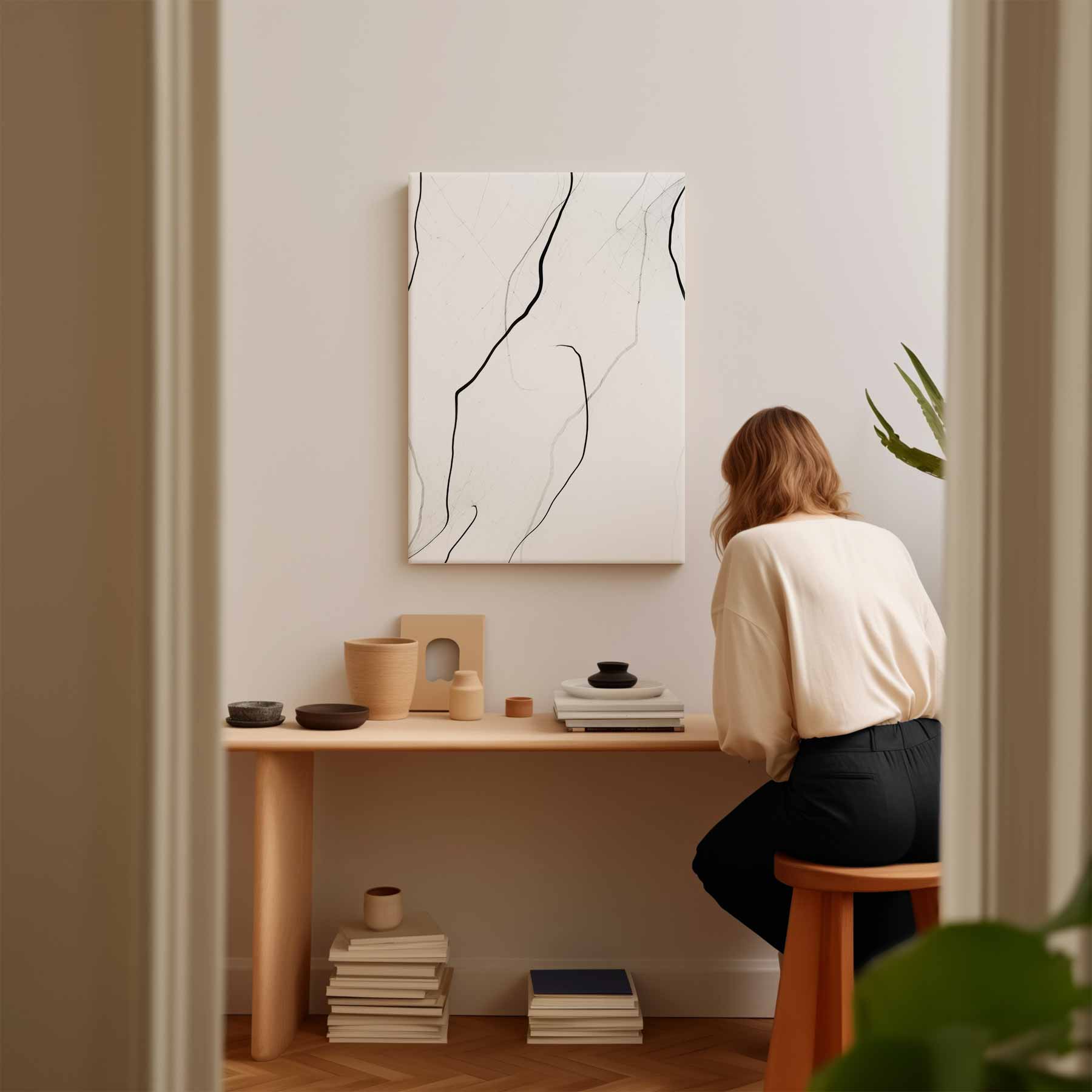 Zwarte Lijnen op Witte Rust Kunstwerk-canvas-dibond-plexiglas-wanddecoratie-WallArtistic