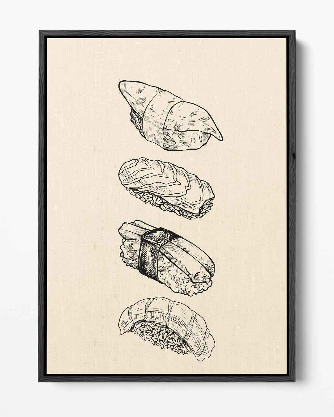 Sushi Illustratie op Beige Achtergrond Kunstwerk-canvas-dibond-plexiglas-wanddecoratie-WallArtistic
