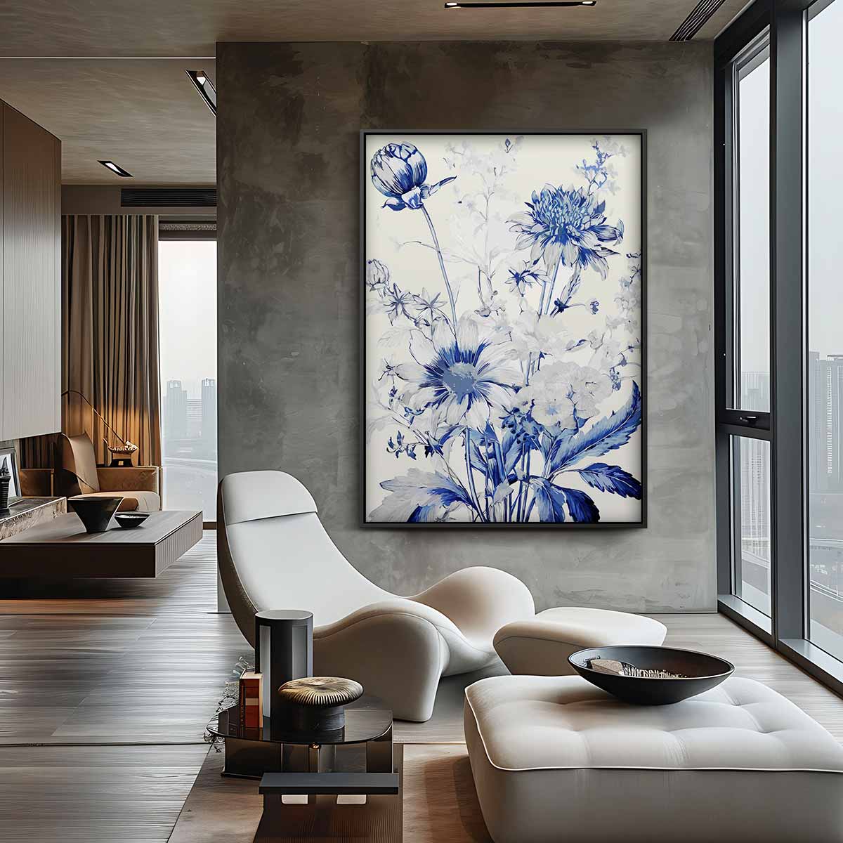 Bloemboeket in Blauw Kunstafdruk Kunstwerk-canvas-dibond-plexiglas-wanddecoratie-WallArtistic