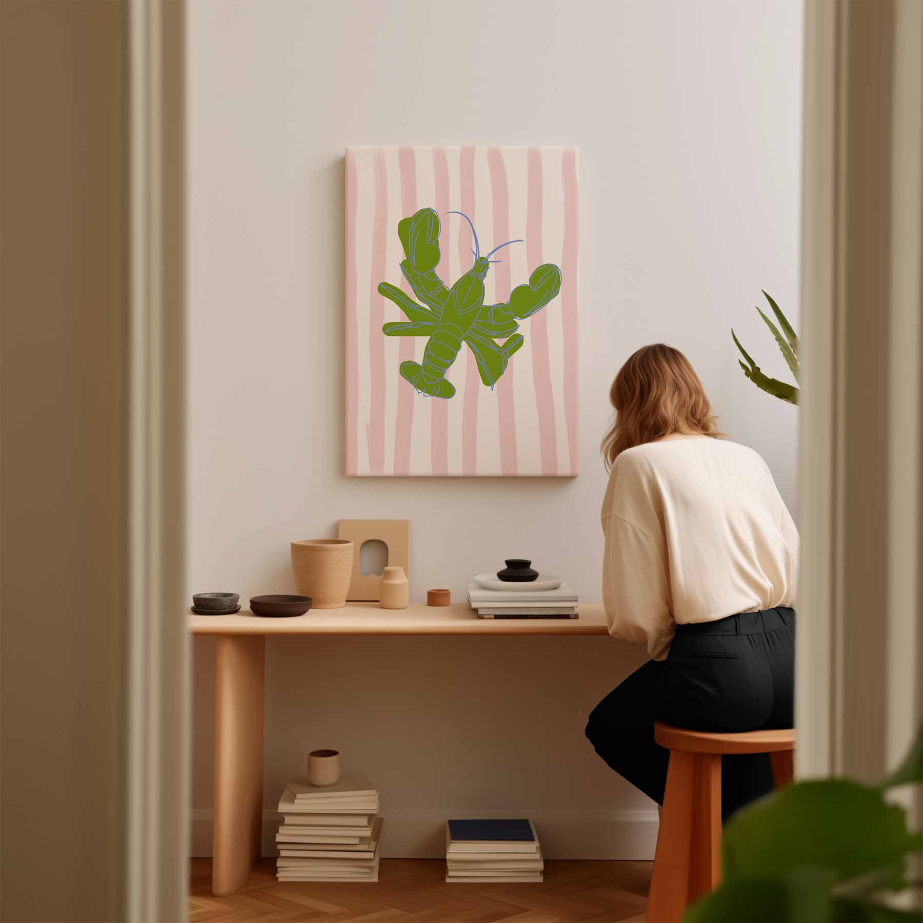 Groene Kreeft op Strepen Kunstwerk-canvas-dibond-plexiglas-wanddecoratie-WallArtistic