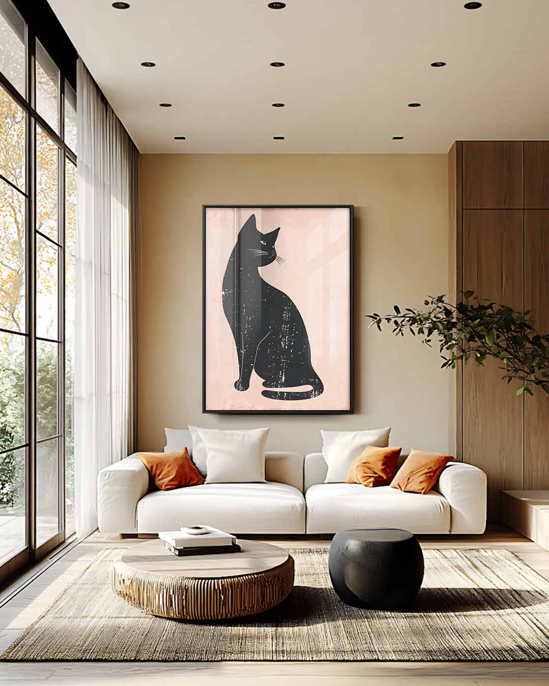 Elegante Zwarte Kat op Rustieke Achtergrond Kunstwerk-canvas-dibond-plexiglas-wanddecoratie-WallArtistic