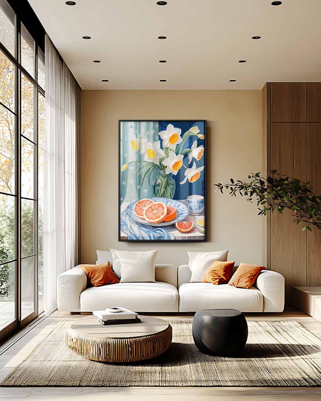 Lente Stilleven met Narcissen en Grapefruit Kunstwerk-canvas-dibond-plexiglas-wanddecoratie-WallArtistic