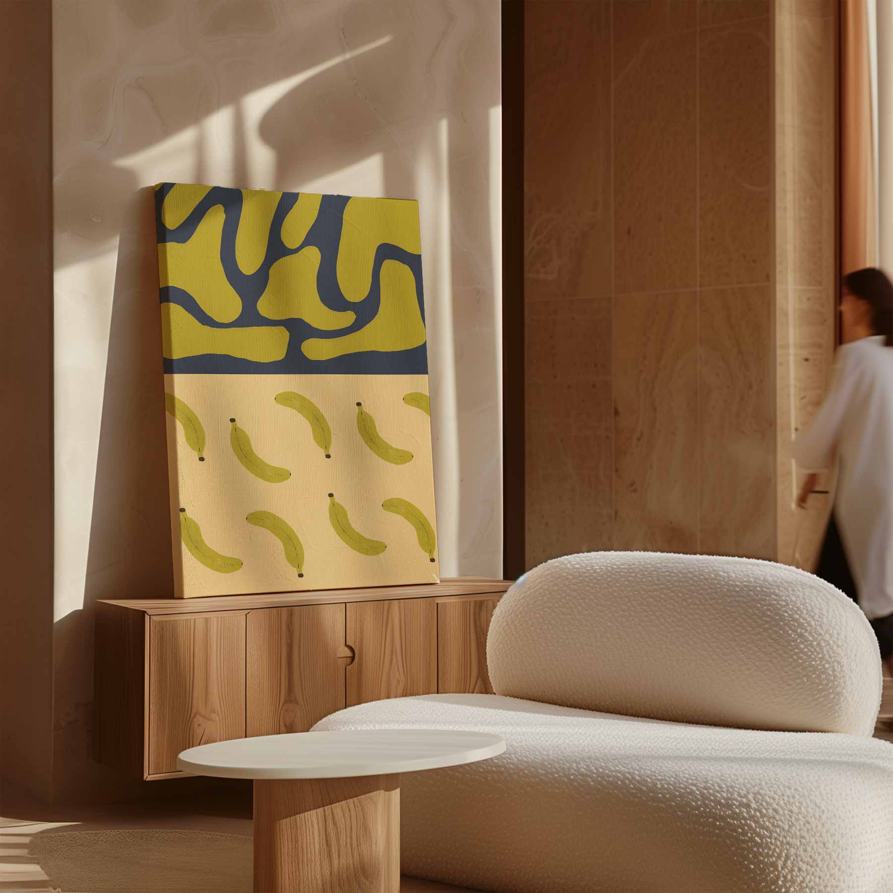 Bananenpatroon op Abstracte Blauwe Achtergrond Kunstwerk-canvas-dibond-plexiglas-wanddecoratie-WallArtistic