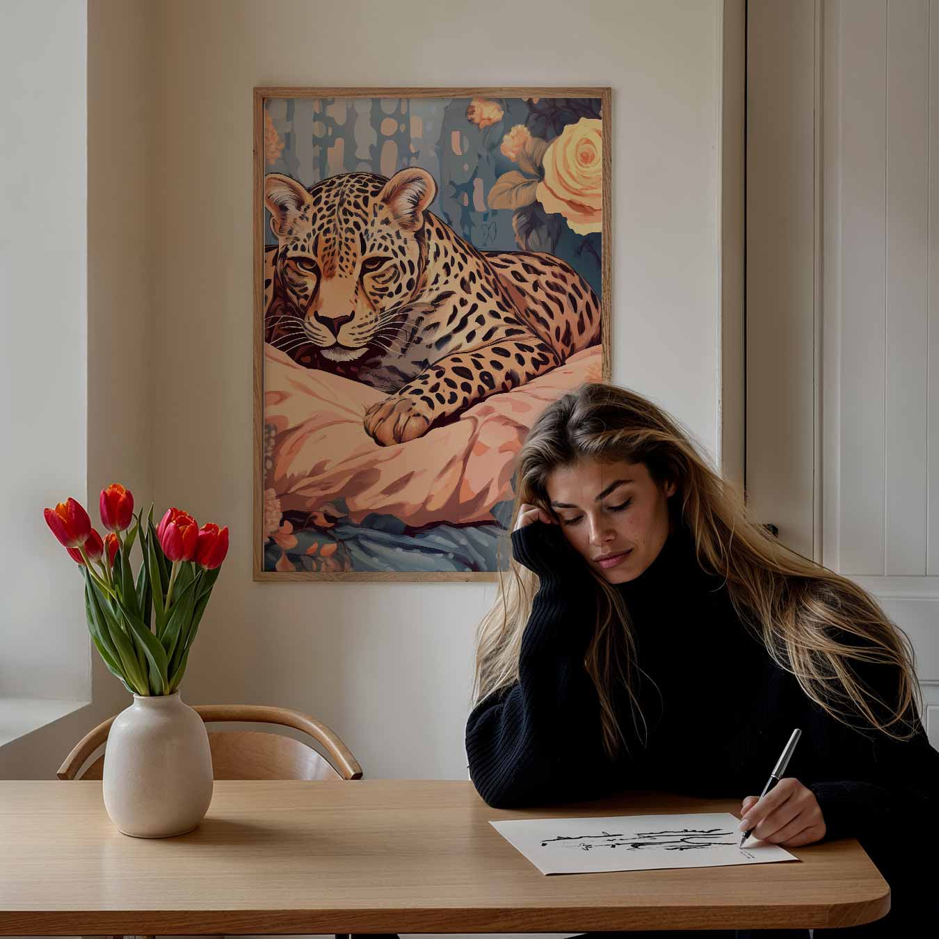 Sierlijke Luipaard Bloemen Poster